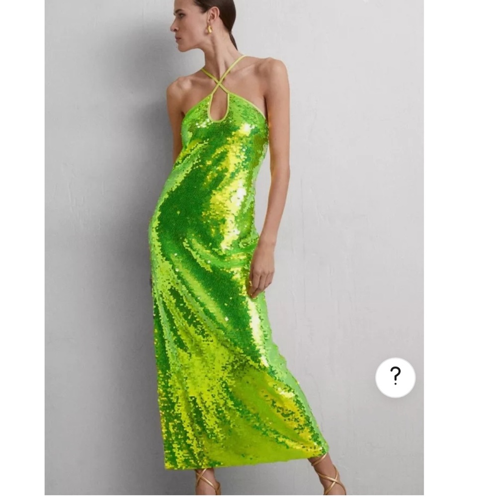 cult gaia Lime Green Sequin Halter Prom Dress